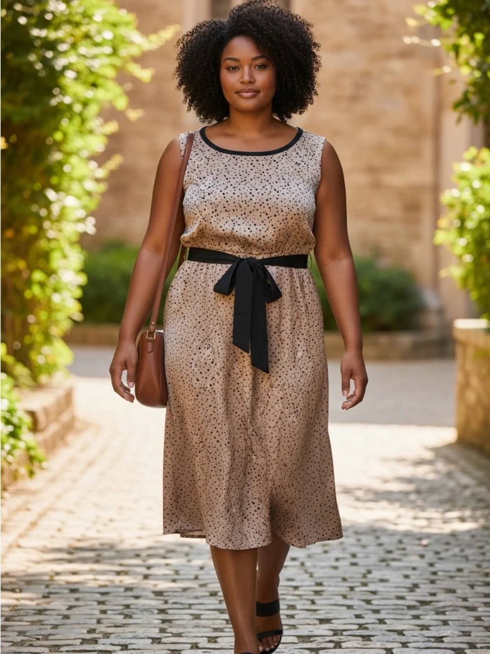 LOFT Polka Dot Sleeveless Cinch Waist Dress | Taupe Black M - Picture 1 of 5